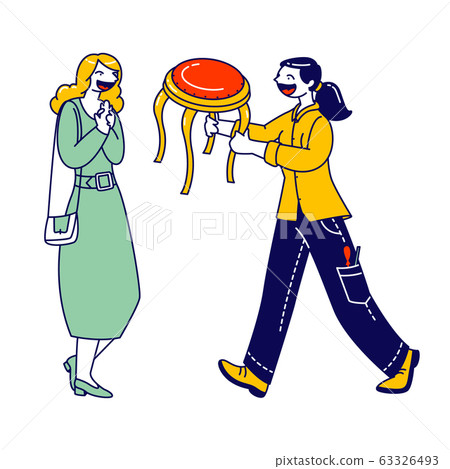 Happy Woman Designer Character Giving Renovated Stool to Grateful Customer. Restoration and Modernization Works Happy Woman Designer Character Giving Renovated Stool to Grateful Customer. Restoration and Modernization Works 63326493