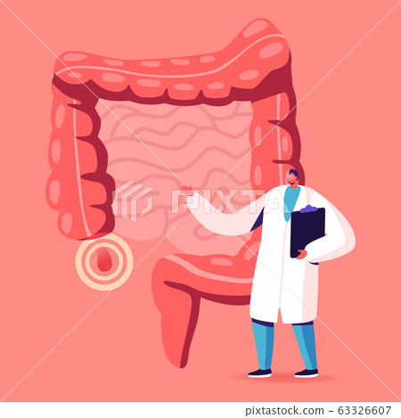 Doctor or Medical Teacher Character Stand at Human Intestines with Sore Appendix Infographics 63326607
