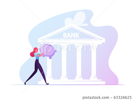 Student Loan, Debt for Education Concept. Girl Student Character Carry Piggy Bank Walking to Take Educational Loan Student Loan, Debt for Education Concept. Girl Student Character Carry Piggy Bank Walking to Take Educational Loan 63326625