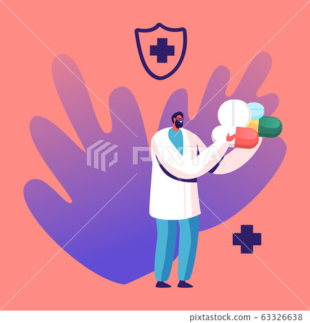 Tiny Doctor Male Character Holding Heap of Huge Medicine Pills. Illness Prevention, Vein Thrombosis Disease Treatment 63326638