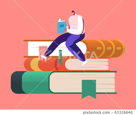 Tiny Male Character Bookworm Reading in Library Sitting on Huge Pile of Books. Young Man Student 63326640
