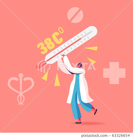 Female Doctor Character Carry Huge Thermometer with High Temperature Scale. Flu, Appendicitis Disease Female Doctor Character Carry Huge Thermometer with High Temperature Scale. Flu, Appendicitis Disease 63326654