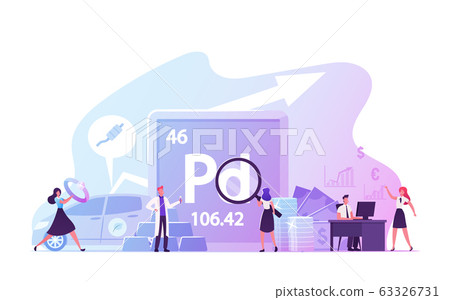 People Use and Study Palladium, Periodic Table Chemical Element with Symbol Pd and Atomic Number 46. Transition Metal, Named After Asteroid Pallas. Male Female Characters. Cartoon Vector Illustration 63326731
