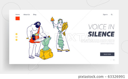 Olympic Gods Characters Landing Page Template. Hephaestus or Vulcan Patron of Fire and Blacksmiths. Demeter or Ceres Patroness of Fertility, Marriage in Greek Myths. Linear People Vector Illustration 63326991