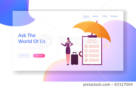 Aviation Insurance Landing Page Template. Stewardess Character with Baggage at Huge Paper Policy under Umbrella and Flying Airplane Air Travel Financial Guarantee Contract. Cartoon Vector Illustration 63327004