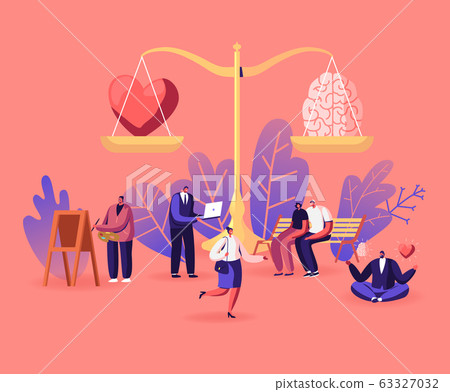 Choice between Mind and Feelings Concept. Heart and Brain Lying on Scales. Male and Female Characters Search Balance in Love, Intelligence and Logic. People Live with Soul. Cartoon Vector Illustration 63327032