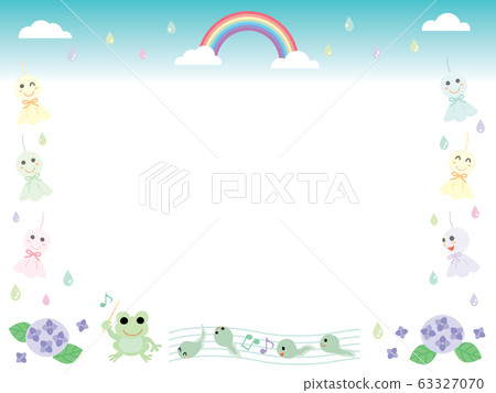 Frame of teru teru bozu, frog, rainbow and hydrangea in the rainy season Frame of teru teru bozu, frog, rainbow and hydrangea in the rainy season 63327070