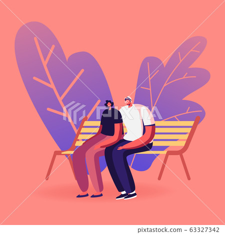 Young Loving Couple Sitting on Bench in City Park. Love, Outdoors Summer Spare Time, Leisure. Man and Woman Characters Choose Romantic Loving Relations and Feelings. Cartoon People Vector Illustration Young Loving Couple Sitting on Bench in City Park. Love, Outdoors Summer Spare Time, Leisure. Man and Woman Characters Choose Romantic Loving Relations and Feelings. Cartoon People Vector Illustration 63327342