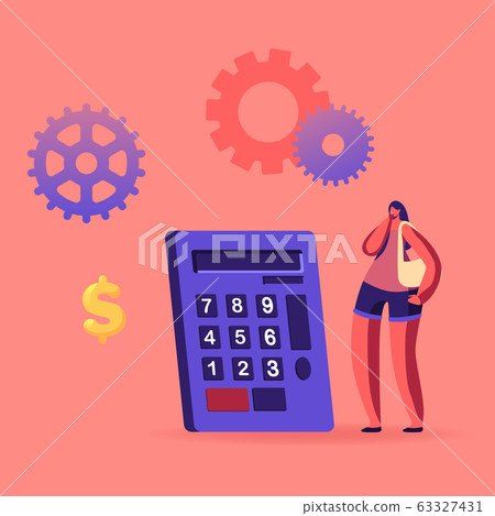 Woman Character Stand at Huge Calculator, Cogwheels and Dollar Sign around. Medical Expenses, Medicine Price and Drugs Cost, Saving Money, Health Care, Finance Budget. Cartoon Vector Illustration Woman Character Stand at Huge Calculator, Cogwheels and Dollar Sign around. Medical Expenses, Medicine Price and Drugs Cost, Saving Money, Health Care, Finance Budget. Cartoon Vector Illustration 63327431