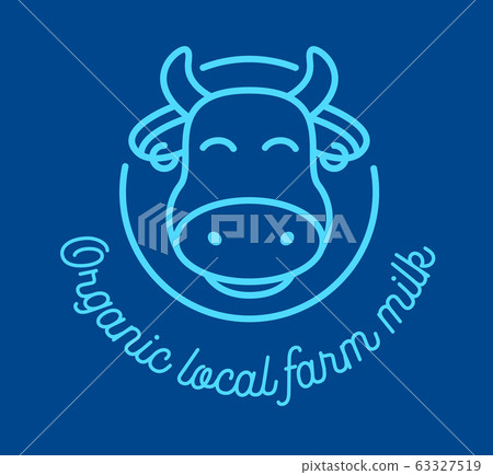 Organic Local Farm Milk Outline Icon with Cow Head on Blue Background. Raw Healthy Food Badge, Tag for Packaging. Bio Drink Sign, Design Template for Banner, Flyer or Brochure. Vector Illustration Organic Local Farm Milk Outline Icon with Cow Head on Blue Background. Raw Healthy Food Badge, Tag for Packaging. Bio Drink Sign, Design Template for Banner, Flyer or Brochure. Vector Illustration 63327519