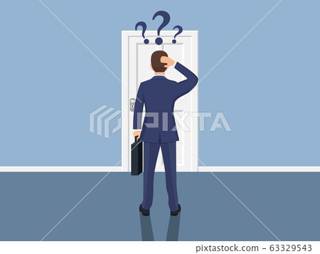 Businessman standing in front closed doors. Businessman standing in front closed doors. 63329543