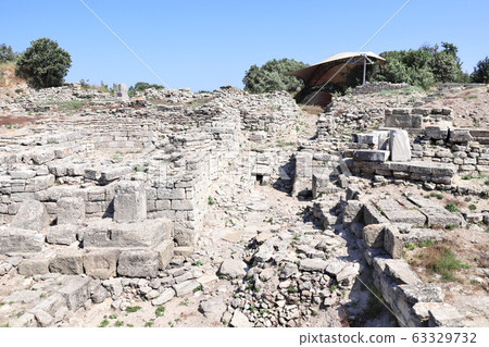 Ruins of stone buildings in Troy city, Turkey 63329732