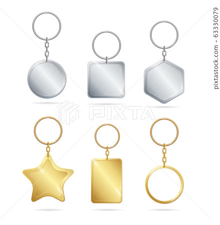 Realistic Detailed 3d Empty Template Shiny Golden and Silver Metal Keychains Set. Vector 63330079