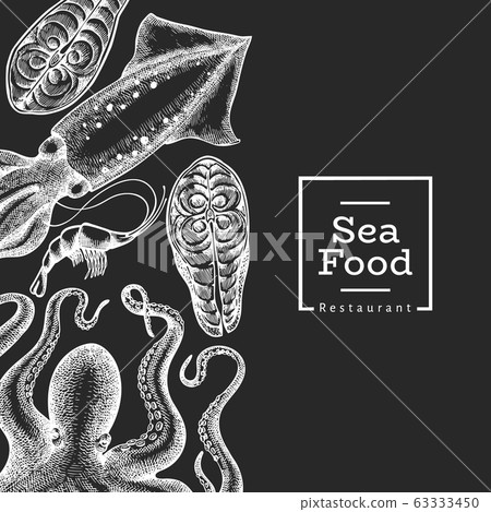 Seafood design template. Hand drawn vector seafood 63333450