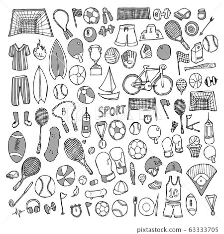 Hand Drawn Sports Doodle. Freehand Fitness Elements Set. Healthy Life.  Vector illustration Stock Vector