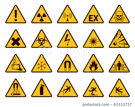 Warning signs. Yellow triangle alerts symbols, attention chemical, flammable and radiation danger, accident exclamation caution vector icons 63333737