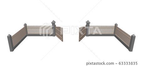Wooden fence with opened gate. Isolated on white Wooden fence with opened gate. Isolated on white 63333835