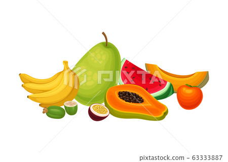 Exotic Fruits Composition with Watermelon Slice and Papaya Vector Illustration Exotic Fruits Composition with Watermelon Slice and Papaya Vector Illustration 63333887