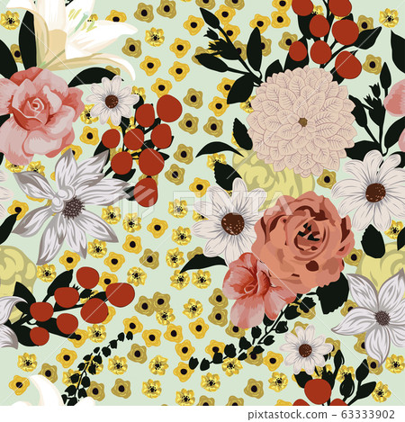 Vector flowers seamless pattern green background - Stock Illustration ...