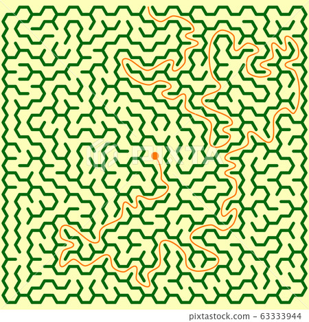 Hexagonal maze in form of square with solution. Hexagonal maze in form of square with solution. 63333944