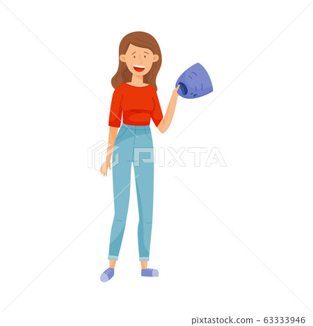 Young Smiling Woman Standing and Holding Crying Mask in Her Hands Vector Illustration Young Smiling Woman Standing and Holding Crying Mask in Her Hands Vector Illustration 63333946