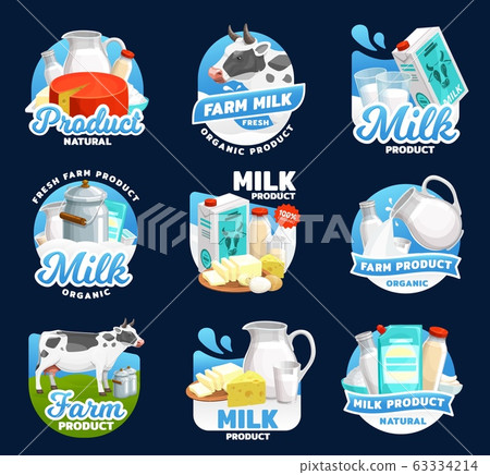Dairy food icons, milk, cream, cheese and butter 63334214