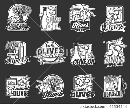 Olive oil and fuit icons with bottles, jars, trees Olive oil and fuit icons with bottles, jars, trees 63334244