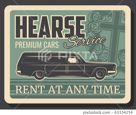 Hearse cadillac car with coffin, wreath and cross 63334254