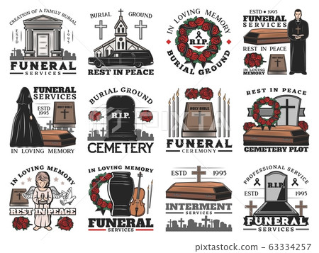 Funeral ceremony icons with coffins on cemetery Funeral ceremony icons with coffins on cemetery 63334257