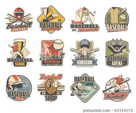 Baseball ball, bat, player and trophy, sport icons 63334272