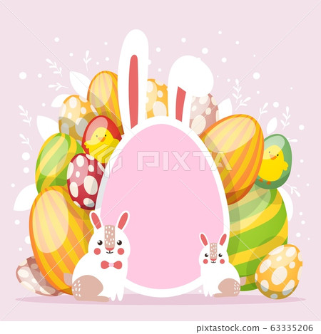 Easter card with spring flowers and cute baby bunn, decorative eggs in frame cartoon vector illustration. 63335206