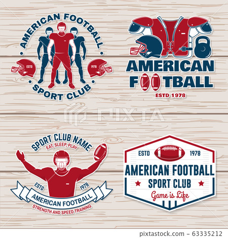 Set of american football or rugby club badge. Vector for shirt, logo, print, stamp, patch. Vintage design with american football sportsman player, helmet, ball, grass and shoulder pads silhouette 63335212