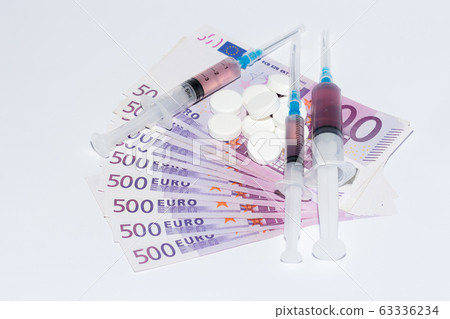 Tablets, syringe vaccine and euro bills. Expensive 63336234