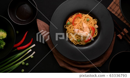 Top view of Schezwan Noodles or Chow Mein with Top view of Schezwan Noodles or Chow Mein with 63336793