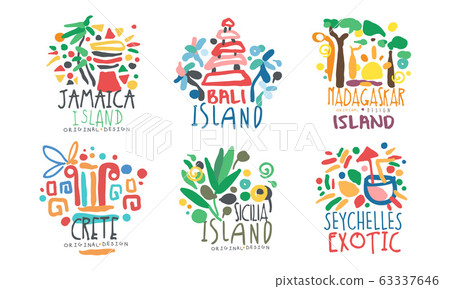 Tropical Exotic Islands Logo Design, Jamaika, Bali, Madagascar, Crete, Sicilia, Seychelles Vector Illustration Tropical Exotic Islands Logo Design, Jamaika, Bali, Madagascar, Crete, Sicilia, Seychelles Vector Illustration 63337646
