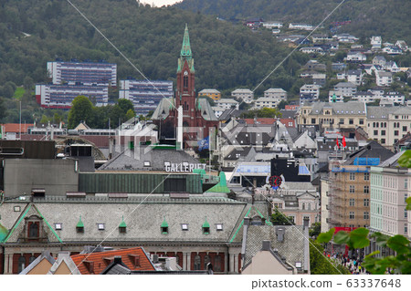 Old town of Bergen, Norway's second largest city-Church view from the world heritage Bryggen to Mt. Old town of Bergen, Norway's second largest city-Church view from the world heritage Bryggen to Mt. 63337648