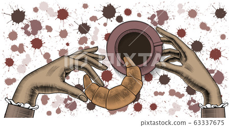 Female hands with a coffee cup and yellow croissant. Female hands with a coffee cup and yellow croissant. 63337675
