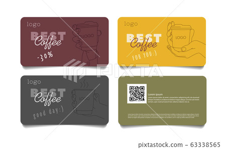 Coffee discount coupon voucher cards with line sketch illustration of hand holding apaper cup, coffee to go concept, promo template, set of cards front and back 63338565