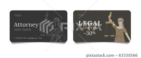 Bussiness cards for law firm or attorney with line illustration of blind goddess of justice Femida with scales, corporate style element 63338566