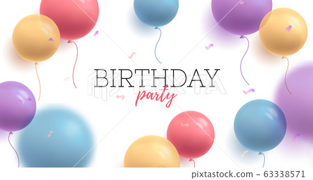 background with multicolored round shape air balloons blured on the foreground and confetti, celebration fun happy birthday party poster invitation 63338571