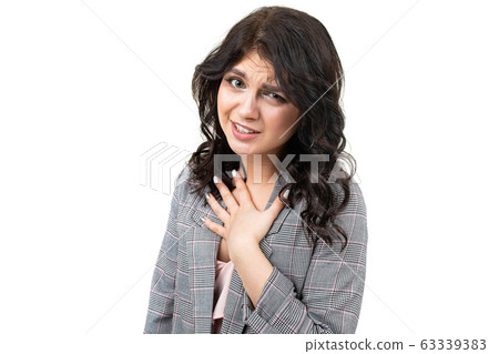 girl in a classic checkered gray jacket asks for forgiveness on a white background 63339383