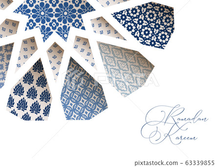 Close-up of blue ornamental Morroccan tiles through white arab star shape pattern. Greeting card, invitation for Muslim holiday Ramadan Kareem. Vector illustration bacground, web banner, modern design Close-up of blue ornamental Morroccan tiles through white arab star shape pattern. Greeting card, invitation for Muslim holiday Ramadan Kareem. Vector illustration bacground, web banner, modern design 63339855