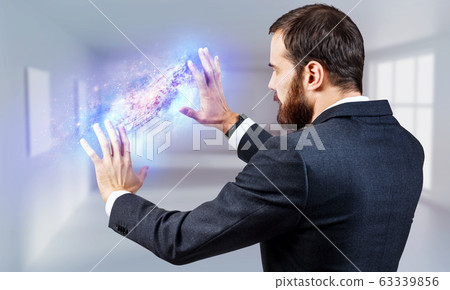 Businessman control with hands space portal. Businessman control with hands space portal. 63339856