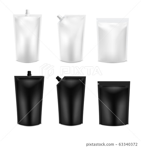 Realistic 3D Black and White Blank Doy Pack Mock up set. Vector Doypack Template Packing with and 63340372