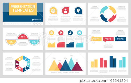 Set of yellow, red and blue elements for multipurpose presentation template slides with graphs and charts. 63341204