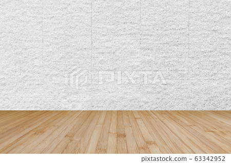 Wooden floor in yellow brown with granite stone brick tile wall aged texture pattern background in white grey color 63342952