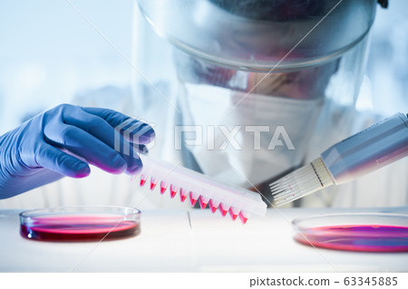 Scientist working in the corona virus vaccine development laboratory research with a highest degree of protection gear. 63345885