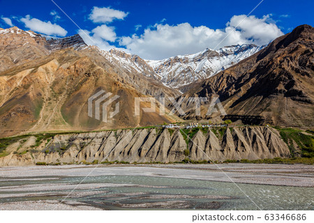 Village in Himalayas mountains. Pin Valley, Himachal Pradesh, India Village in Himalayas mountains. Pin Valley, Himachal Pradesh, India 63346686