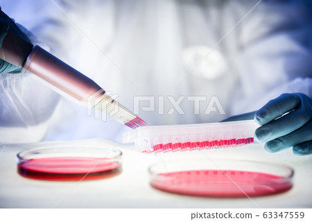 detail of scientist working in the corona virus vaccine development laboratory research with a highest degree of protection gear. detail of scientist working in the corona virus vaccine development laboratory research with a highest degree of protection gear. 63347559