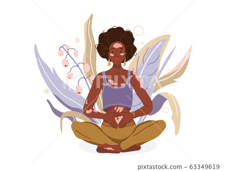 Love yourself with problem vitiligo skin vector background. Self-care body wellness concept. African woman sitting in yoga posture. Girl fold her hands on her stomach, fingers formed heart shape 63349619